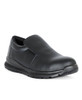 A black microfibre shoe with a slip-on design and a sturdy sole. The shoe features a sleek finish and has a logo.