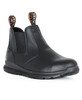 A black safety boot with elastic sides, featuring a logo tag, designed for durability and comfort.