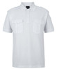 A white polo shirt with epaulettes and two front pockets, featuring a subtle logo on the collar.