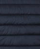 A dark navy puffer jacket with a quilted design and a concealed hood, featuring a logo.