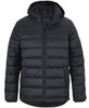 A black puffer jacket with a hood, featuring a zip front and side pockets, and a branding logo.