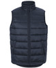 A dark navy puffer vest with a high collar, front zip, and side pockets. It features a logo on the front.