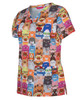 A colourful scrub top featuring a playful animal print in orange, blue, and red tones. It has a logo on it.