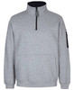 A grey polar fleece jumper featuring a half zip, a front pocket, and a sleeve pocket with a logo.
