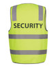 A lime safety vest featuring reflective stripes and a logo, designed for security use.