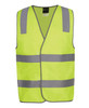 A safety vest in bright lime with reflective grey stripes and a logo. Ideal for visibility in work environments.