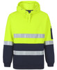 A high-visibility hoodie in bright yellow and navy, featuring reflective stripes and a logo. Suitable for workwear.