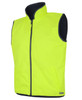 A reversible vest in high-visibility yellow, featuring a zip front and side pockets, with a contrasting black lining.