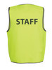 A lime green safety vest featuring the word "STAFF" on the back, outlined with reflective material.