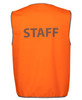 A safety vest in bright orange colour with a grey trim and a logo, labelled with the word "STAFF" on the back.