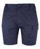 A pair of navy multi-pocket stretch twill shorts featuring side cargo pockets and a button closure.