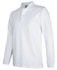 A white long-sleeve polo shirt with a collar, featuring a logo on the chest.