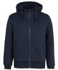 A navy blue full zip hoodie featuring a soft, lined hood and front pockets. It has a branding logo.