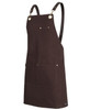 A brown canvas apron featuring brass eyelets and a PU strap, with pockets at the front for storage.