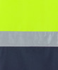 A close-up of a safety garment featuring bright lime and navy colours with reflective tape.