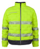 A bright yellow puffer jacket with reflective strips and a black hem, featuring a logo.