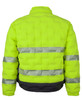 A bright lime green puffer jacket featuring reflective stripes, with a black bottom section and a visible logo.