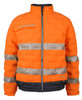 An orange puffer jacket with reflective stripes and a black lower trim, featuring a logo on the front.