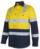 A long-sleeve safety shirt in high-visibility yellow and navy, featuring reflective stripes and two chest pockets.
