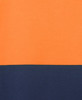 A two-tone polo shirt featuring an orange top and a dark navy bottom, with a branded logo present.