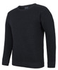 A black knitted crew neck jumper with long sleeves and ribbed detailing. It features a branding logo on the neck.