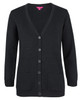 A black cardigan with a V-neck, button front, and two front pockets. It features a brand logo on the inner label.