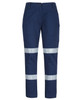 Navy cargo pants featuring reflective D+N tape, multiple pockets, and a button closure. Includes branding.