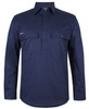 A navy long-sleeve work shirt with a close front, featuring two chest pockets and a logo on the side.
