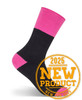 A pair of black work socks with a pink cuff. The image has a logo badge in the corner.