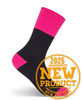 A pair of ultra-thick work socks in black with pink accents, featuring a logo on the side.