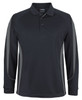 A long-sleeve black polo shirt featuring grey side panels and a collar. The shirt has a logo on it.