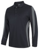 A black long-sleeve polo shirt with grey accents and a logo on the chest.