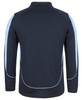 A long-sleeve polo shirt in navy with light blue accents and a logo on the back.