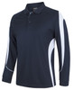 A long-sleeve polo shirt in navy with white accents and a logo on the front.