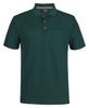 A green polo shirt with a collar, three buttons, and a chest pocket, featuring a logo.
