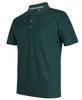 A dark green polo shirt made from recycled polyester, featuring a collar, buttons, and a pocket. It has a logo.