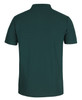 A green polo shirt made from recycled polyester, featuring a collar and short sleeves, with a logo on the fabric.