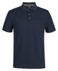 A navy polo shirt made of recycled polyester, featuring a pocket and a branded logo.