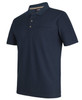 A navy blue polo shirt made from recycled polyester, featuring a small pocket and three buttons. It has a logo on the collar.