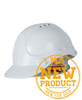 A white safety helmet featuring ventilation slots and a branded logo. Suitable for protective wear.