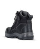 A black safety boot with a textured upper, featuring laces and a logo, displayed from a side angle.