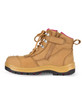 A wheat and pink safety boot featuring lace and zip closure, leather upper, and rubber sole with a logo.