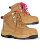 Wheat and pink ladies' safety boots featuring laces, a rubber sole, and a sporty design. Includes branding.