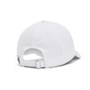 A white adjustable cap with a curved brim and a strap closure at the back, featuring a logo.