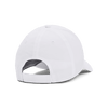 A white cap featuring a rear adjustment strap and a logo on the side.