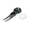 A chrome pitch repairer with a ball marker, featuring a sleek design and a circular silver marker disc.