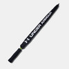 A black golf umbrella with a black handle, featuring a logo.