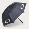 A black umbrella featuring a prominent logo and a sturdy handle, designed for outdoor leisure use.