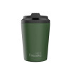 A green reusable cup with a black lid and a logo on the side. Suitable for various beverages.