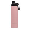 A drink bottle made of stainless steel, featuring a pink exterior and a black lid with a logo.
